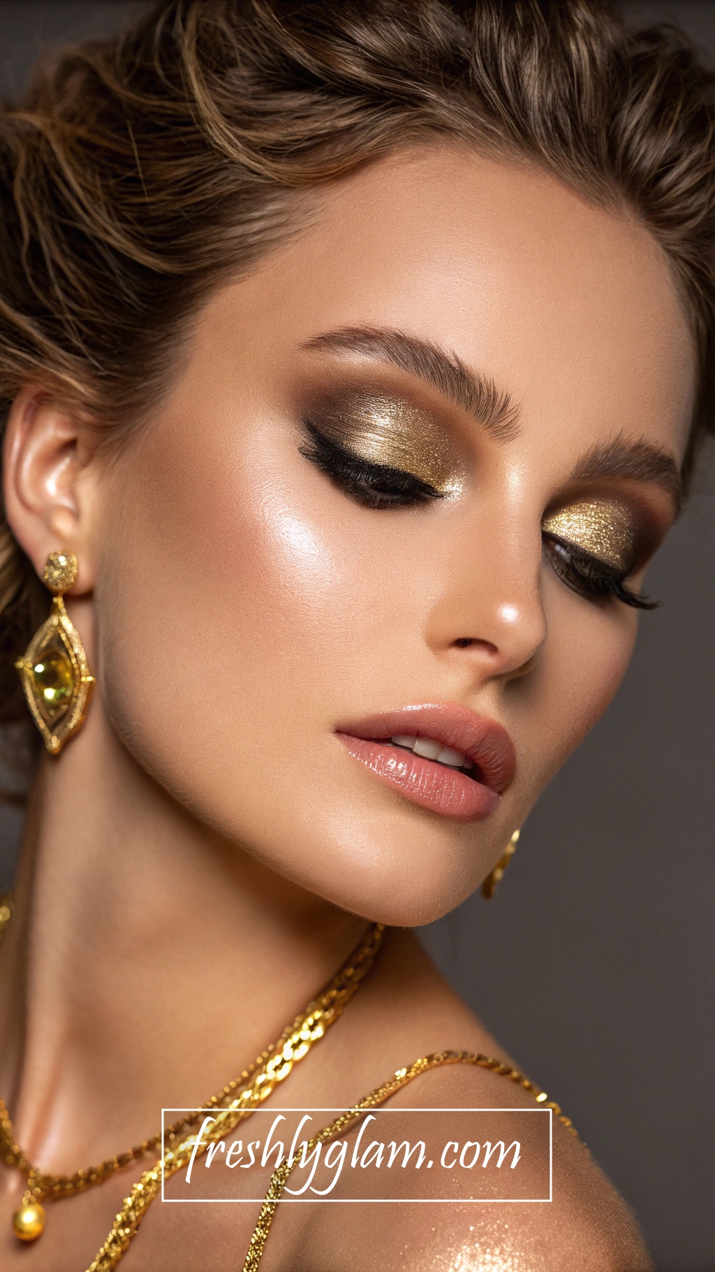 001 Gold Glitter Eyeshadow Glossy Nude Lips for the Ultimate Luxe Glam Diva Look 1