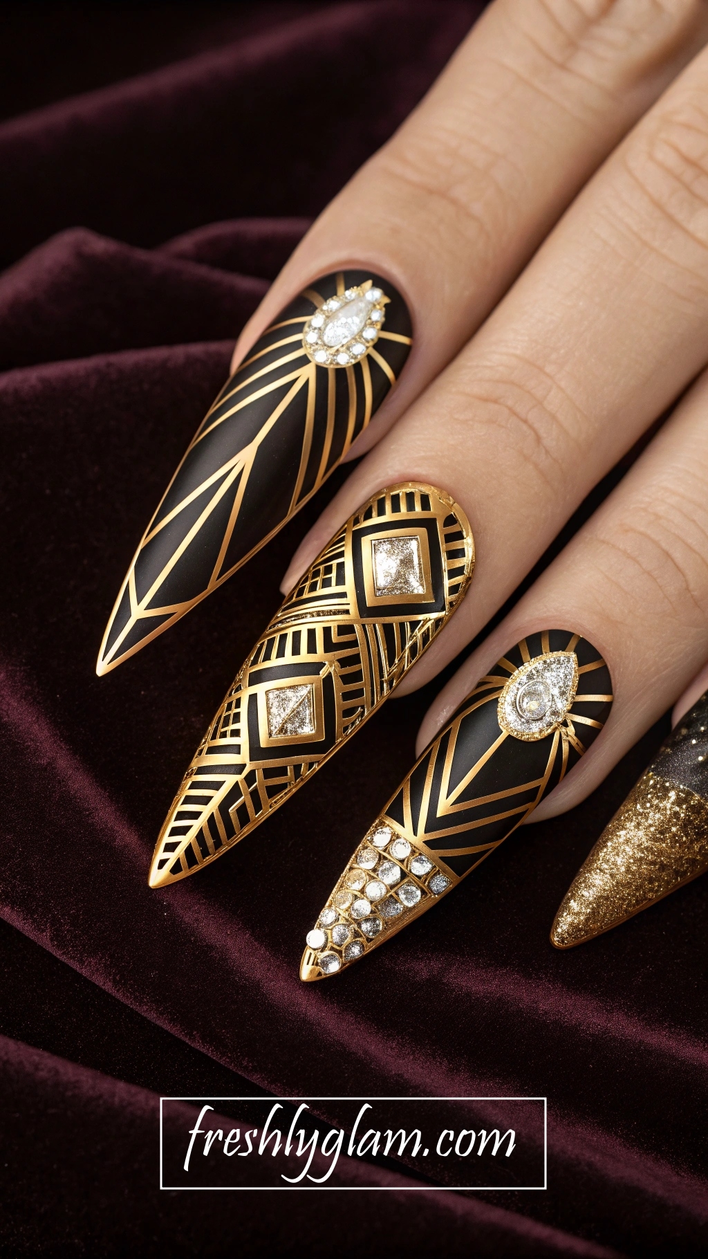001 Gold and Black Stiletto Nails with Rhinestones Bold Glam Nail Art Inspiration 2025