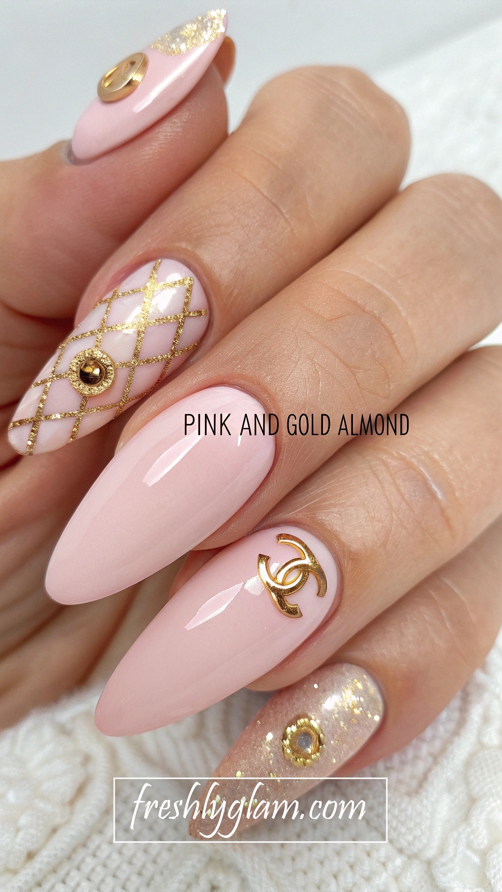 002 Elegant Pink and Gold Almond Nails Chic DesignerAC0 Inspired Glam Look 2025