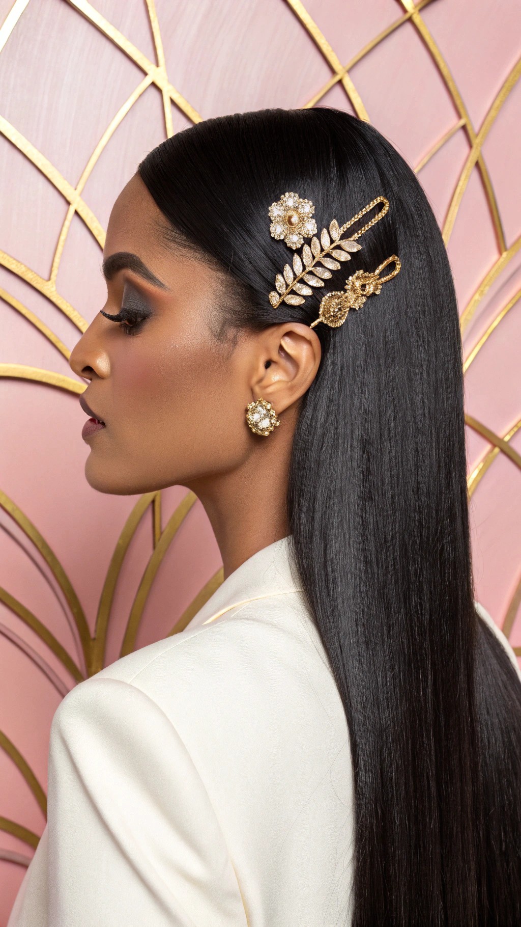 002 Sleek Black Hair with Gold and Diamond Accents for a Luxury Red Carpet Look