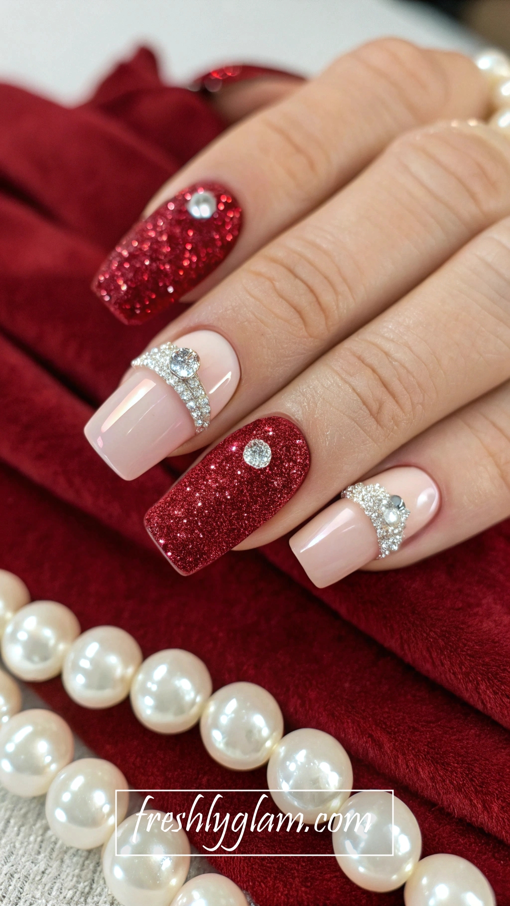 003 Red Carpet Glitter Nails with Diamond Accents Luxe Short Nail Trend 2025