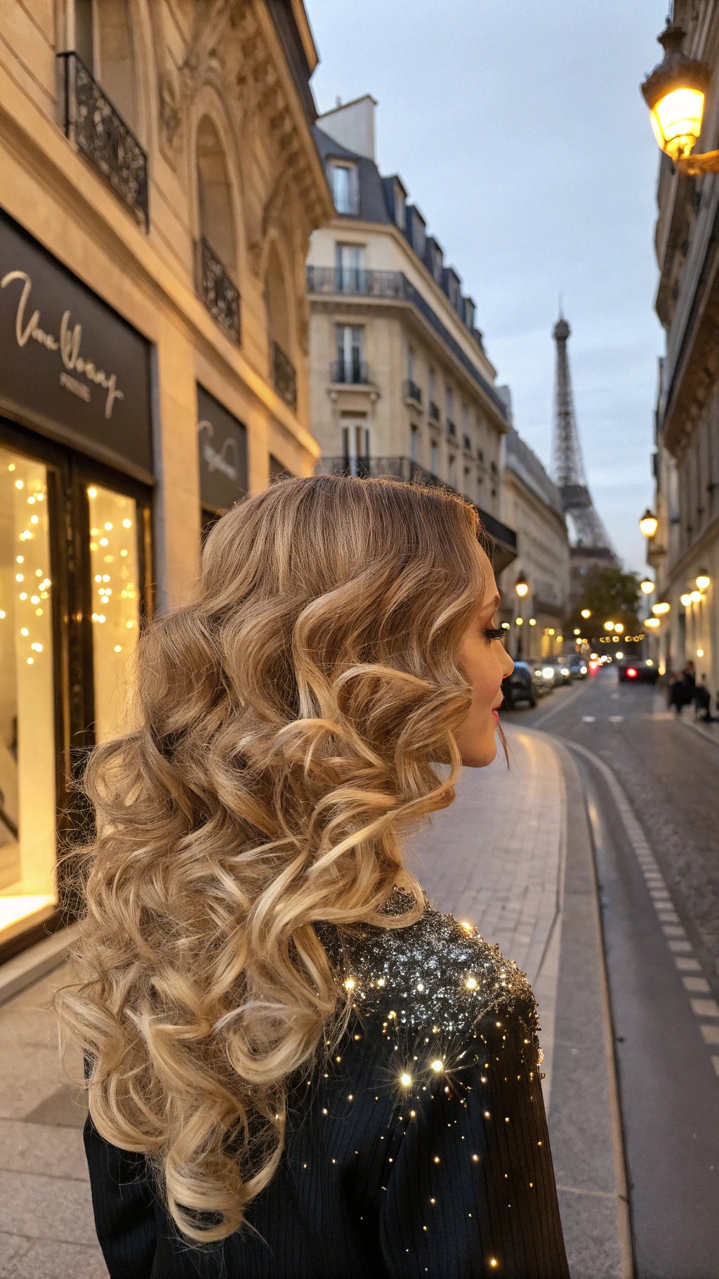 003 Voluminous Curls with Champagne Highlights for a Chic Paris Inspired Glam