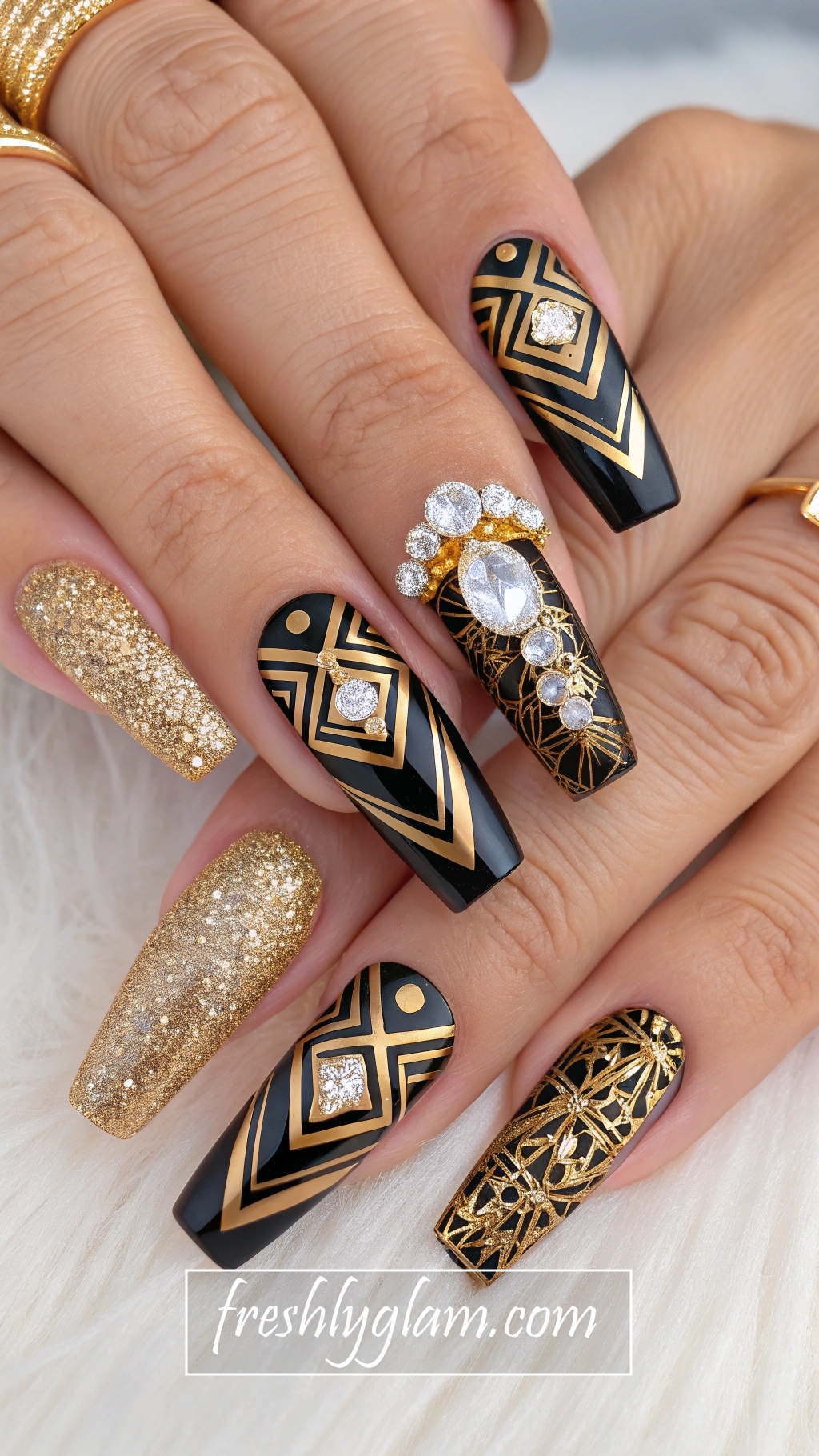 004 Couture Coffin Nails with Black and Gold Foil Statement Fashion Diva Trend 2025