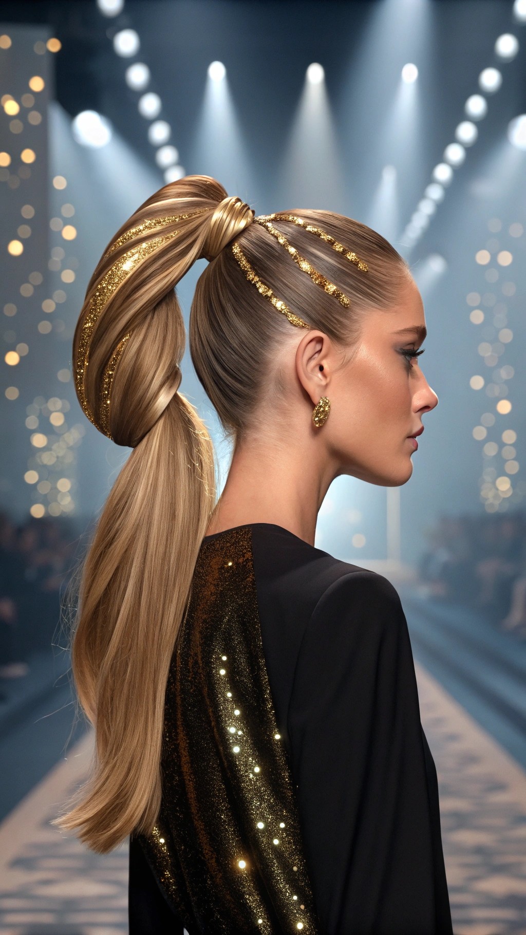 004 High Glam Ponytail with Gold Glitter Details for a Red Carpet Statement Style
