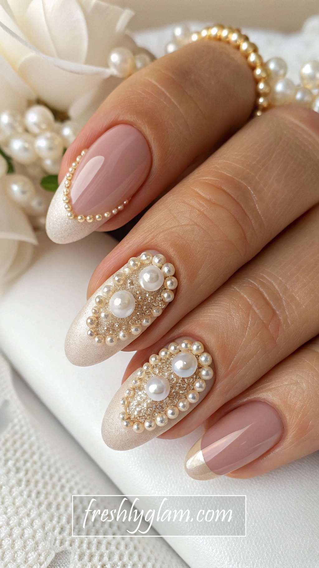 005 Champagne Pearl Oval Nails Sophisticated and Elegant Bridal Nail Trend 2025