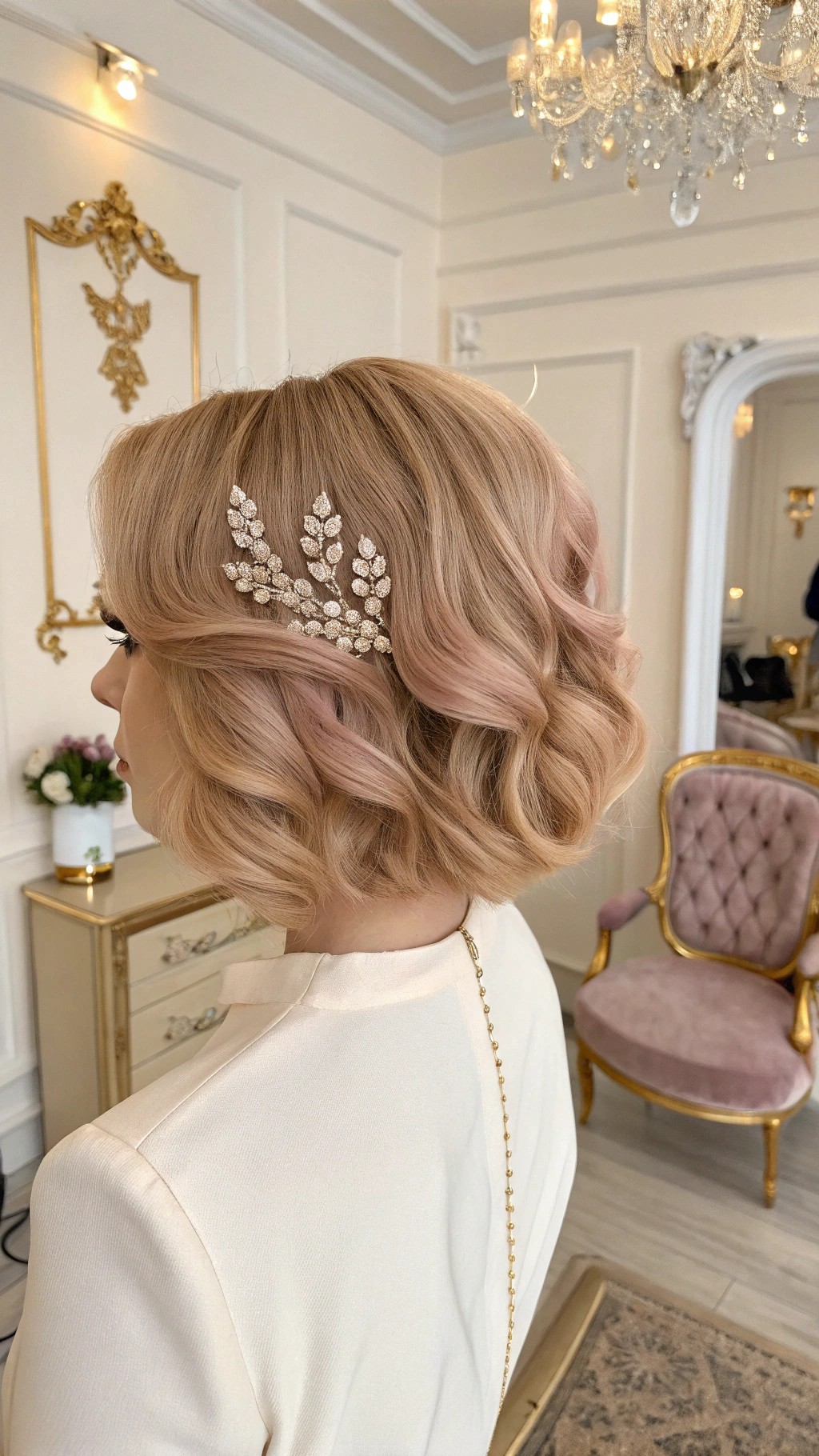 005 Chic Wavy Bob with Rhinestone Clips in a Pink and Gold Elegant Glam Setting