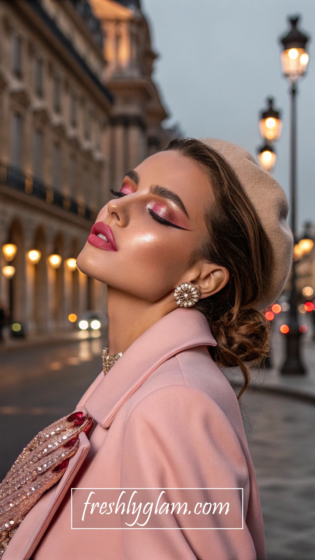 006 Dewy Pink and Rose Gold Glam with Rhinestone Nails for a Paris Chic Diva Vibe 1