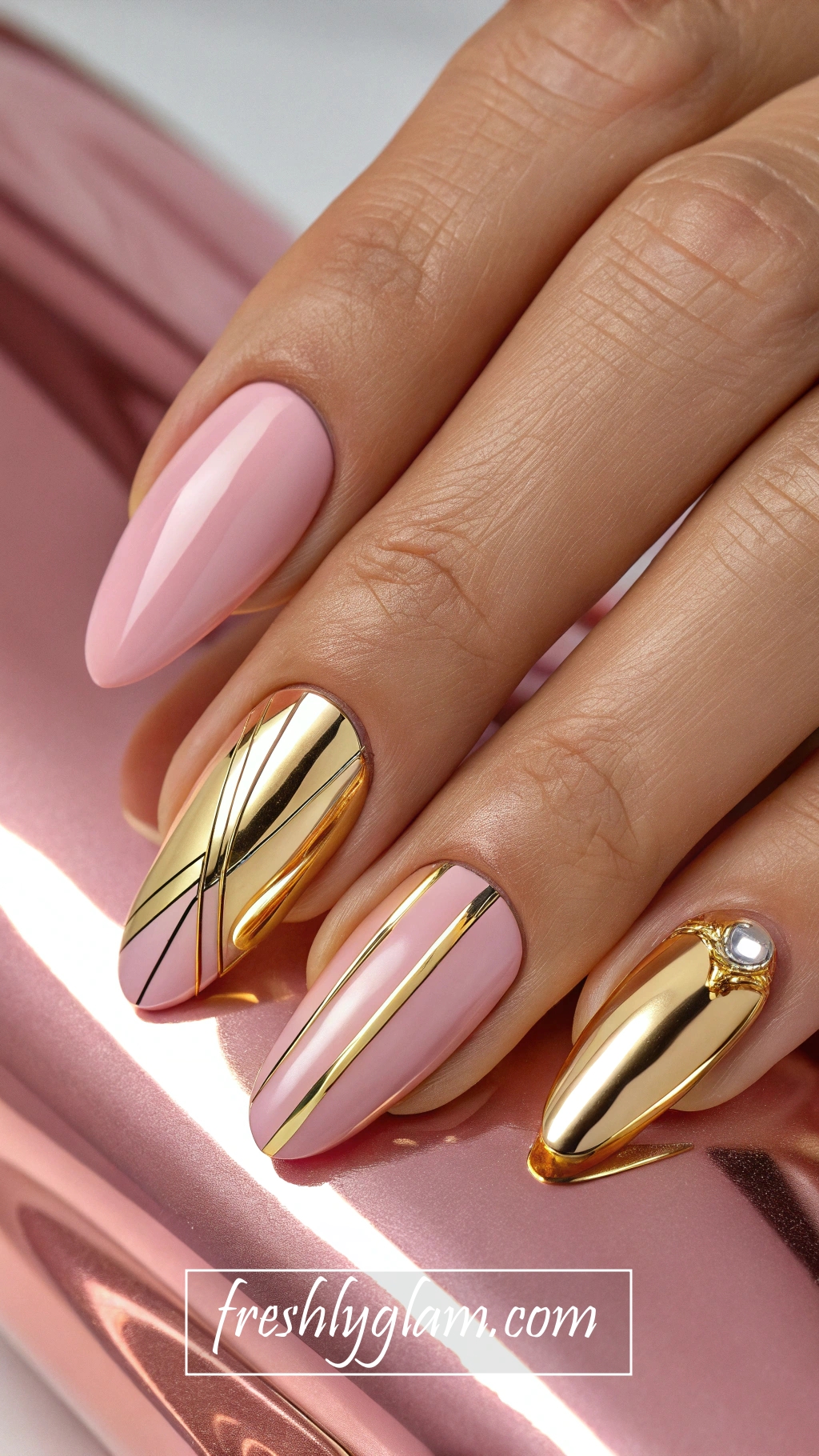 006 Futuristic Pink and Gold Chrome Nails Fashion Glam Statement Look 2025