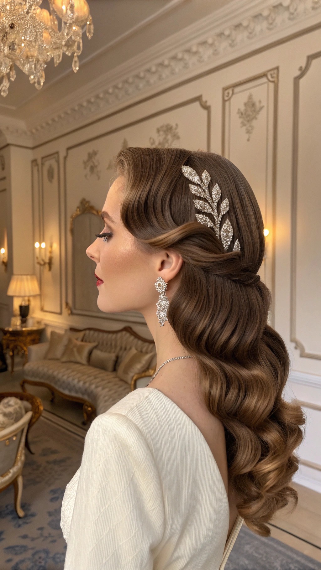 007 Side Swept Waves with Rhinestone Combs for a Sophisticated Paris Glam Vibe