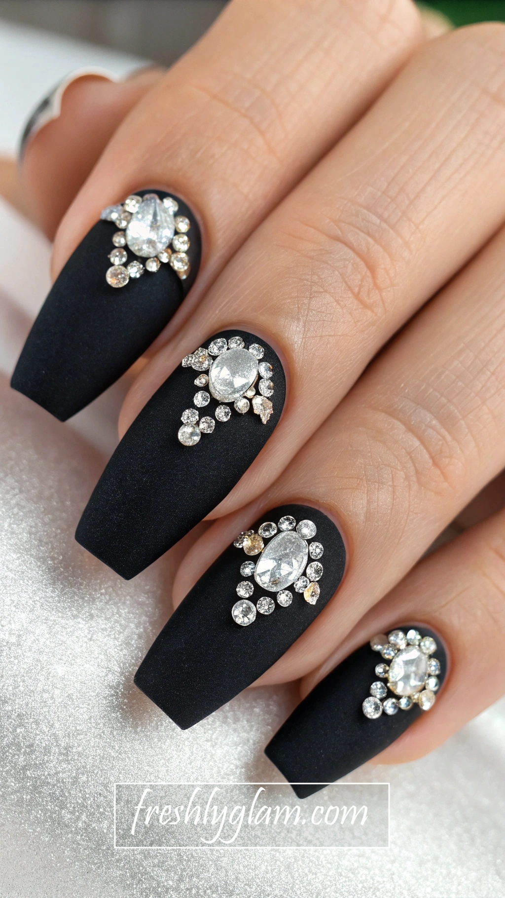 007 Velvet Black and Diamond Coffin Nails Sophisticated Luxe Nail Art 2025