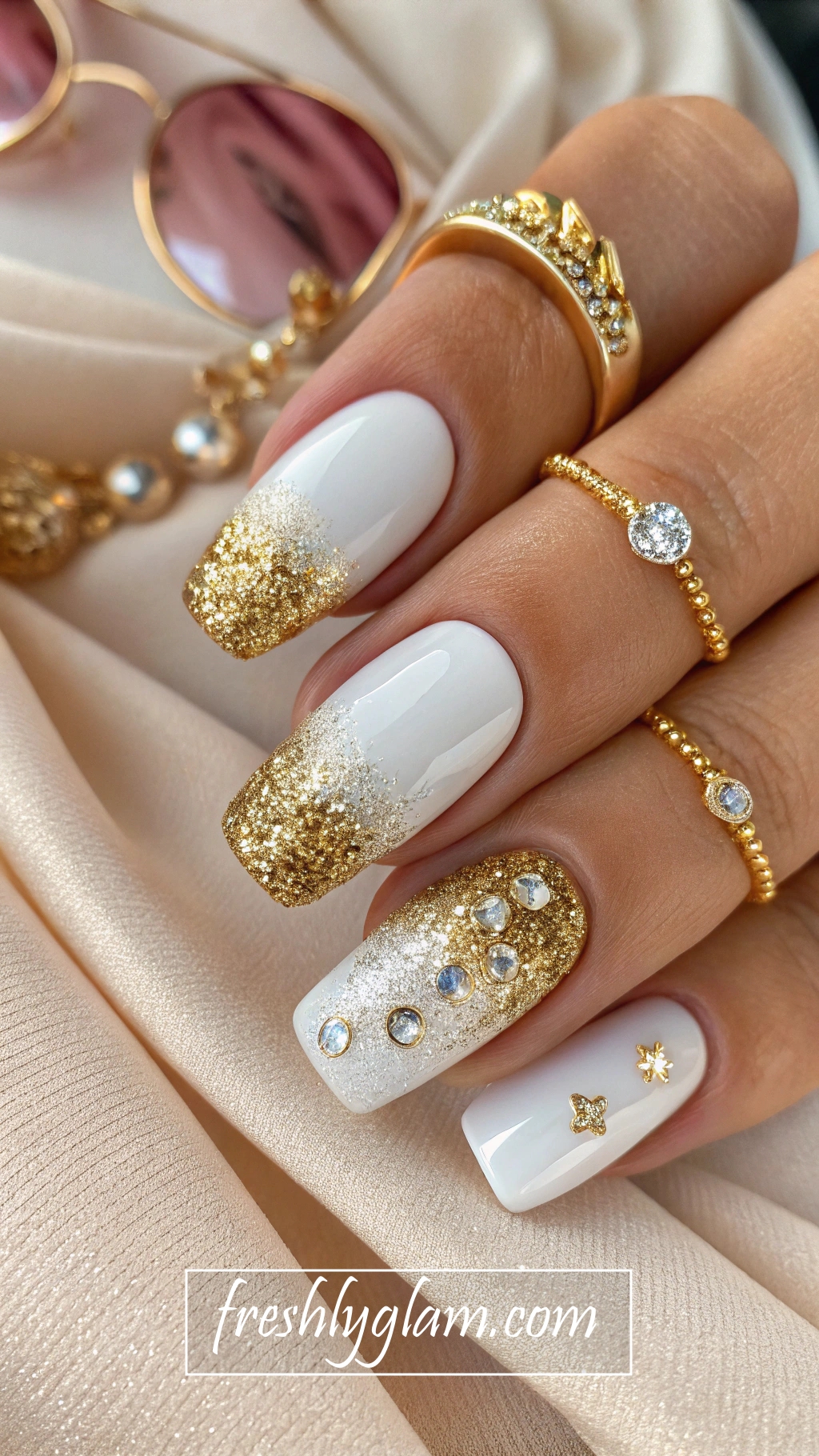 008 Gold Glitter French Tip Nails Chic Fashionista Nail Look for 2025