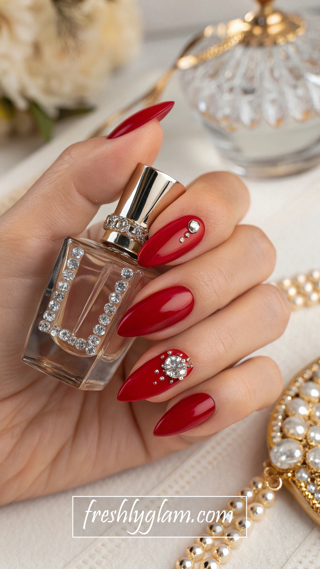 009 Glossy Red Almond Nails with Rhinestones Iconic Glam Diva Manicure 2025