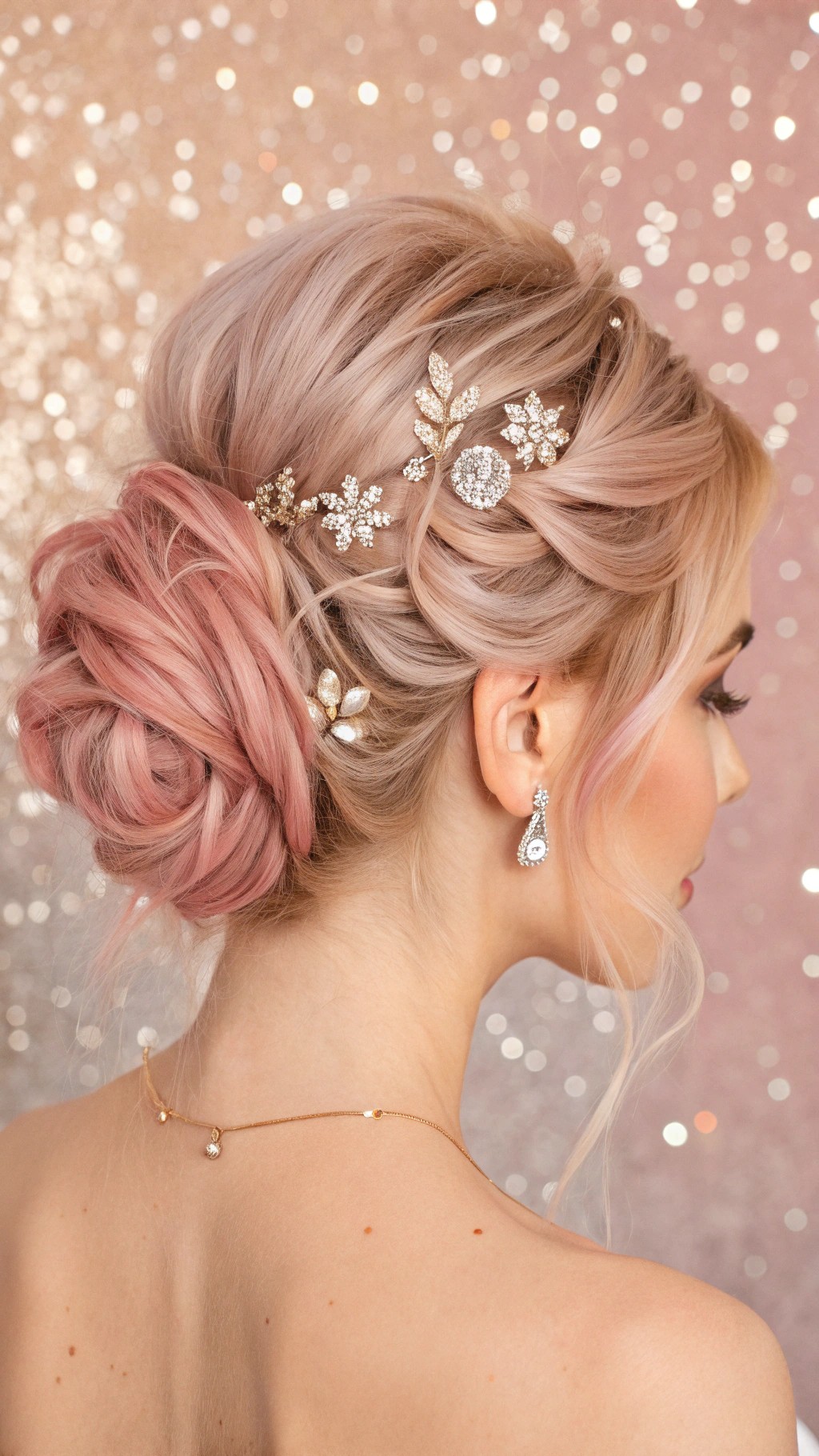 009 Romantic Pink Highlighted Updo with Floral Rhinestones for Couture Glam Moments