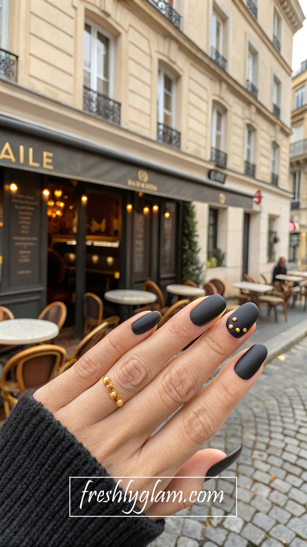 012 Chic Matte Black Nails with Gold Dots Everyday Sophistication and Couture Style