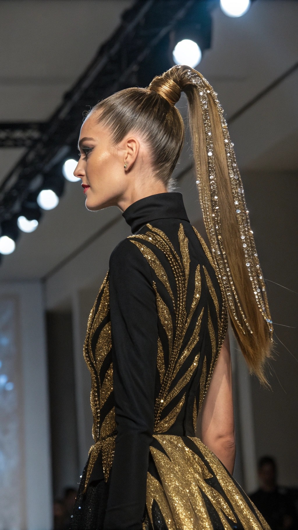 013 Sleek Ponytail with Glitter Strands for a Black and Gold High Fashion Vibe