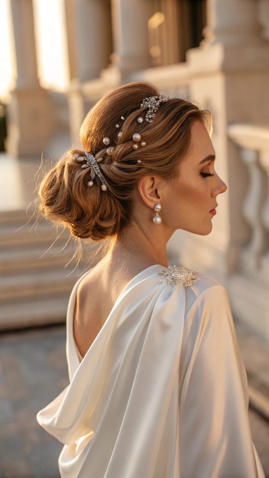 017 Sophisticated Chignon with Pearls and Rhinestones for a Classic Glam Look