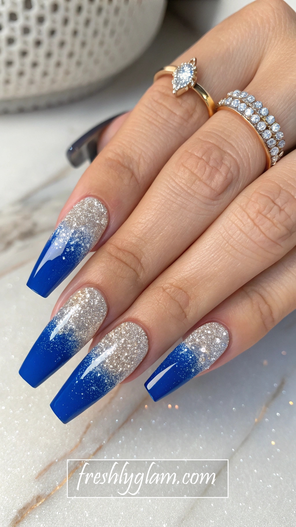 022 Electric Blue Coffin Nails with Glitter ACY Champagne Glam Accents