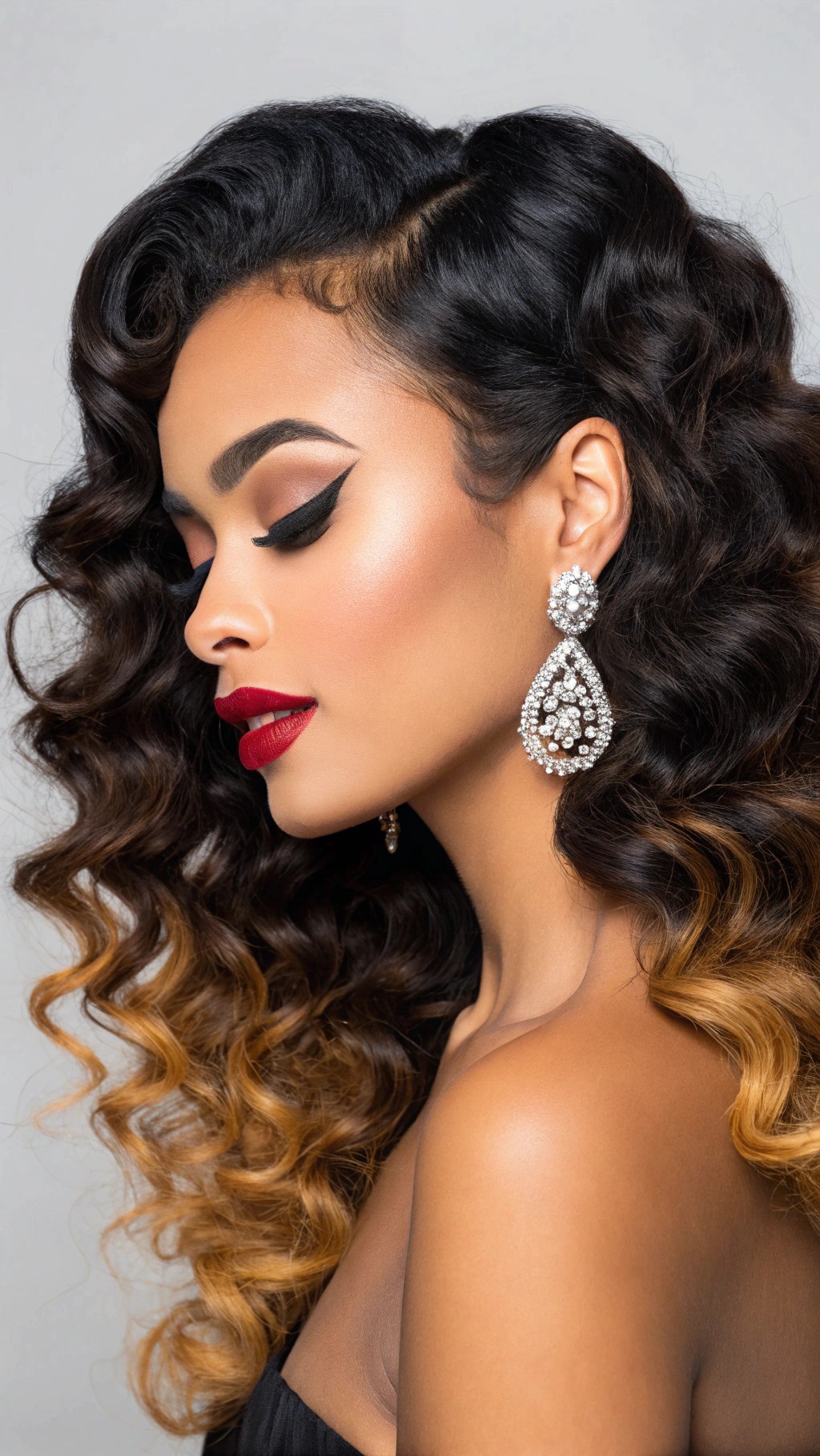 025 Bold Hollywood Curls with Gold Ombre for Red Carpet Glam