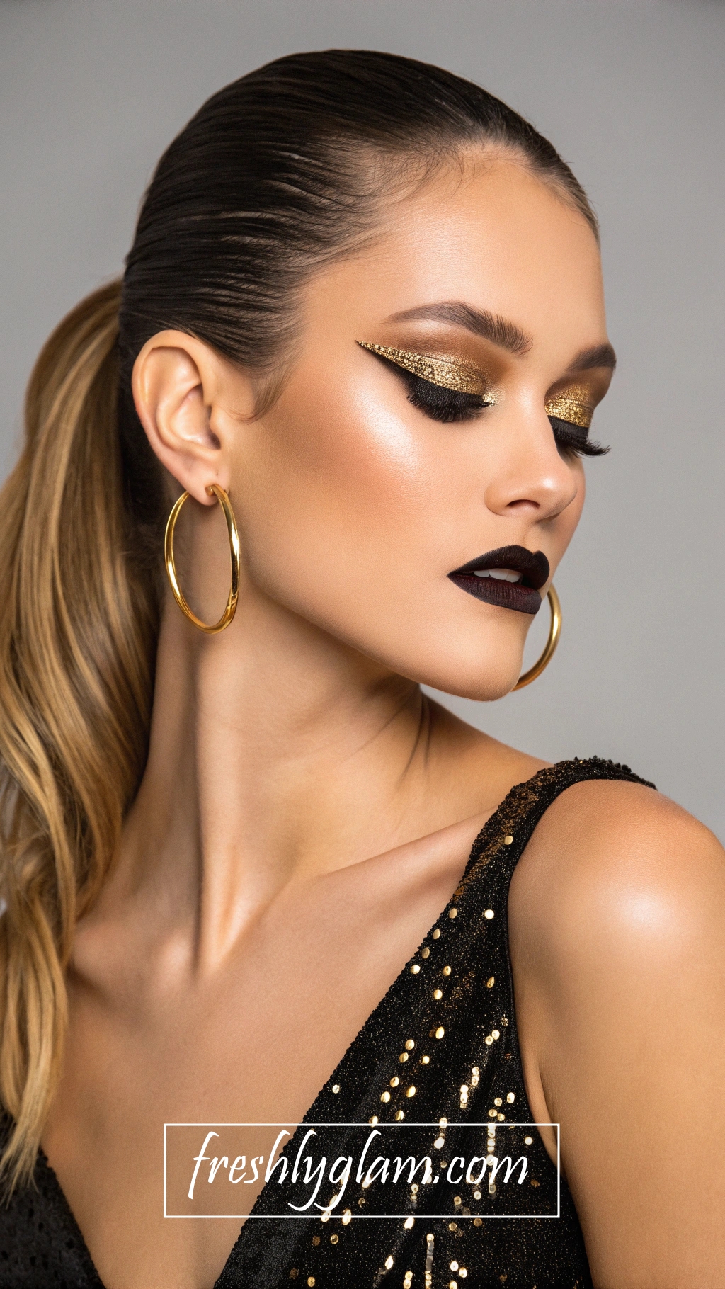 025 Couture Gold Leaf Eye Makeup and Glossy Black Lips for a Vogue Worthy Statement 1