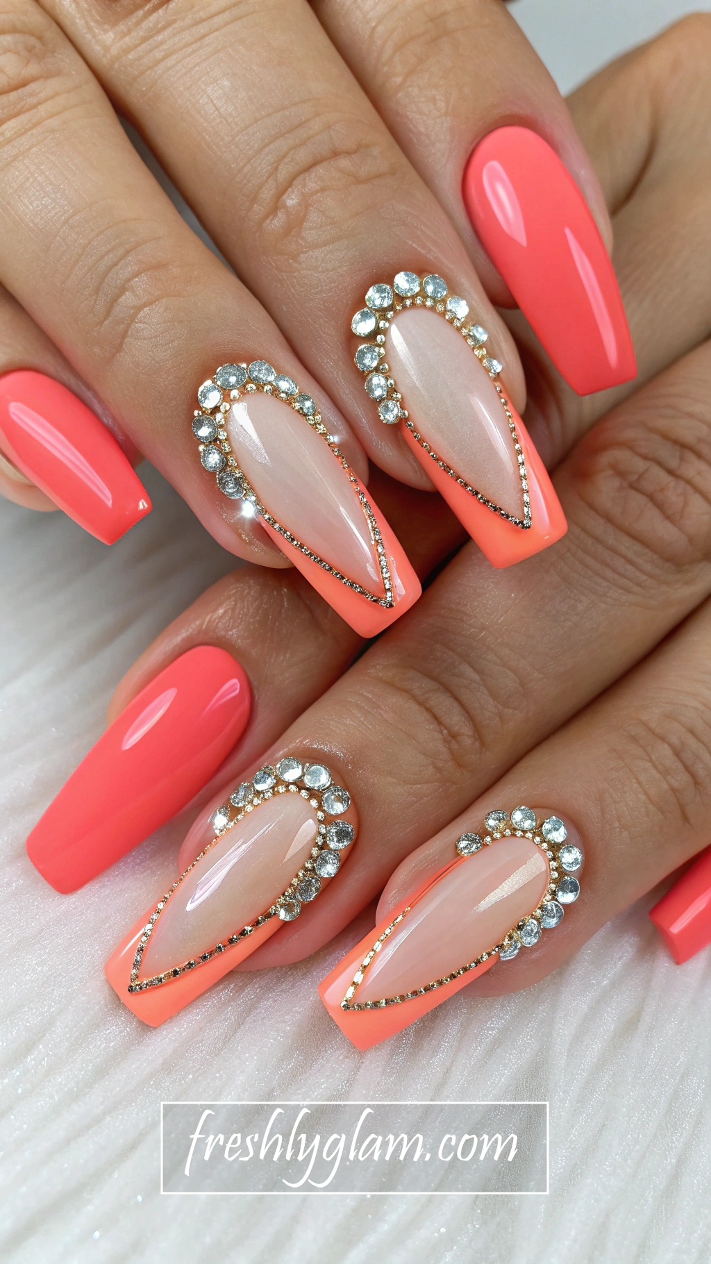 025 Neon Coral and Champagne Chrome Nails with Rhinestone Elegance