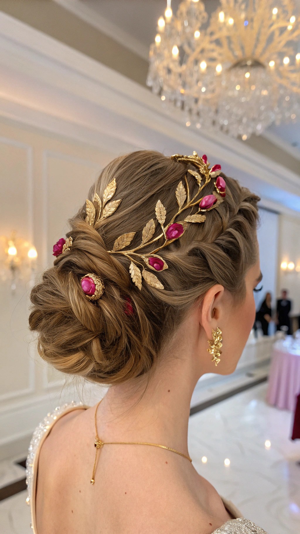 026 Elegant Gold Leaf Updo with Pink Glam Accents for Sophisticated Evenings