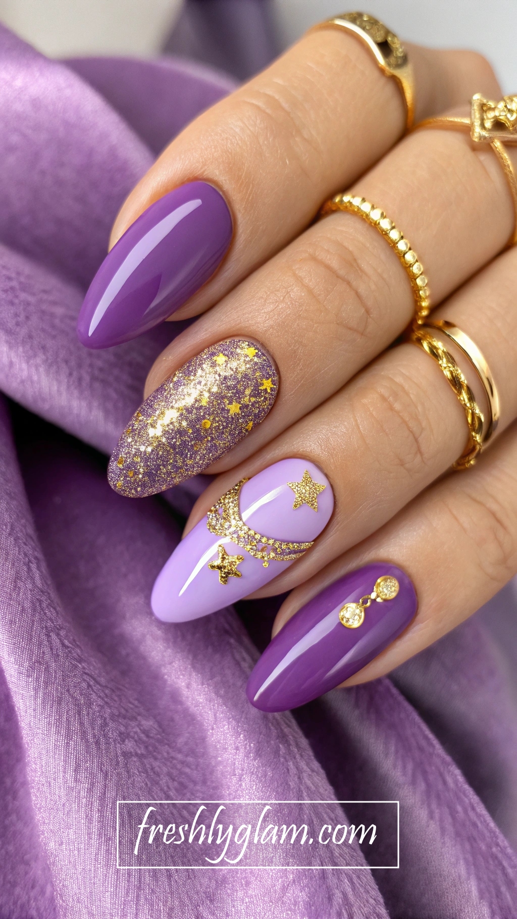 026 Vibrant Purple and Gold Glitter Nails with a Fashion Luxe Finish
