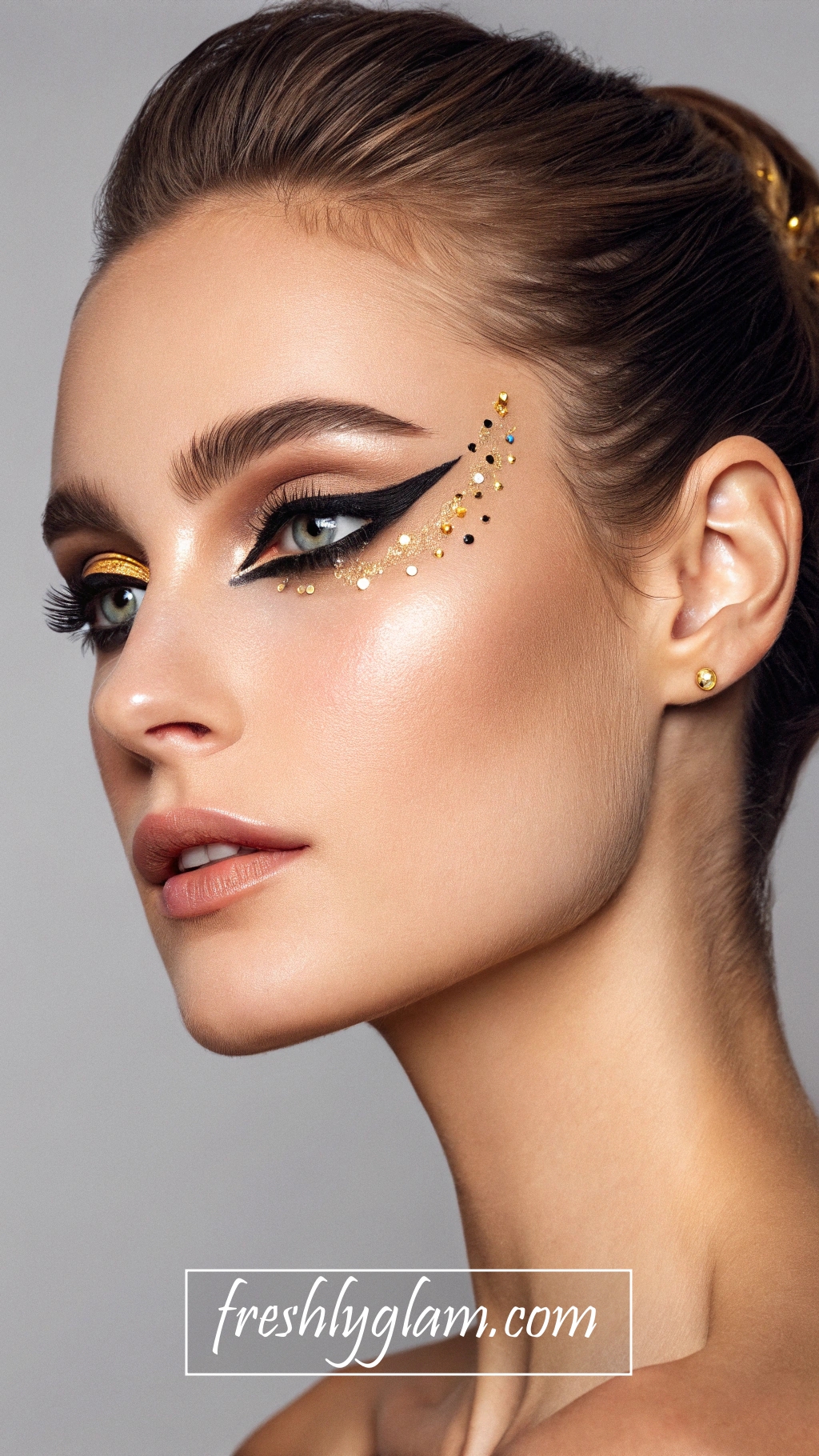 027 Edgy Gold Foil and Graphic Black Liner Makeup for a High Fashion Couture Look 1