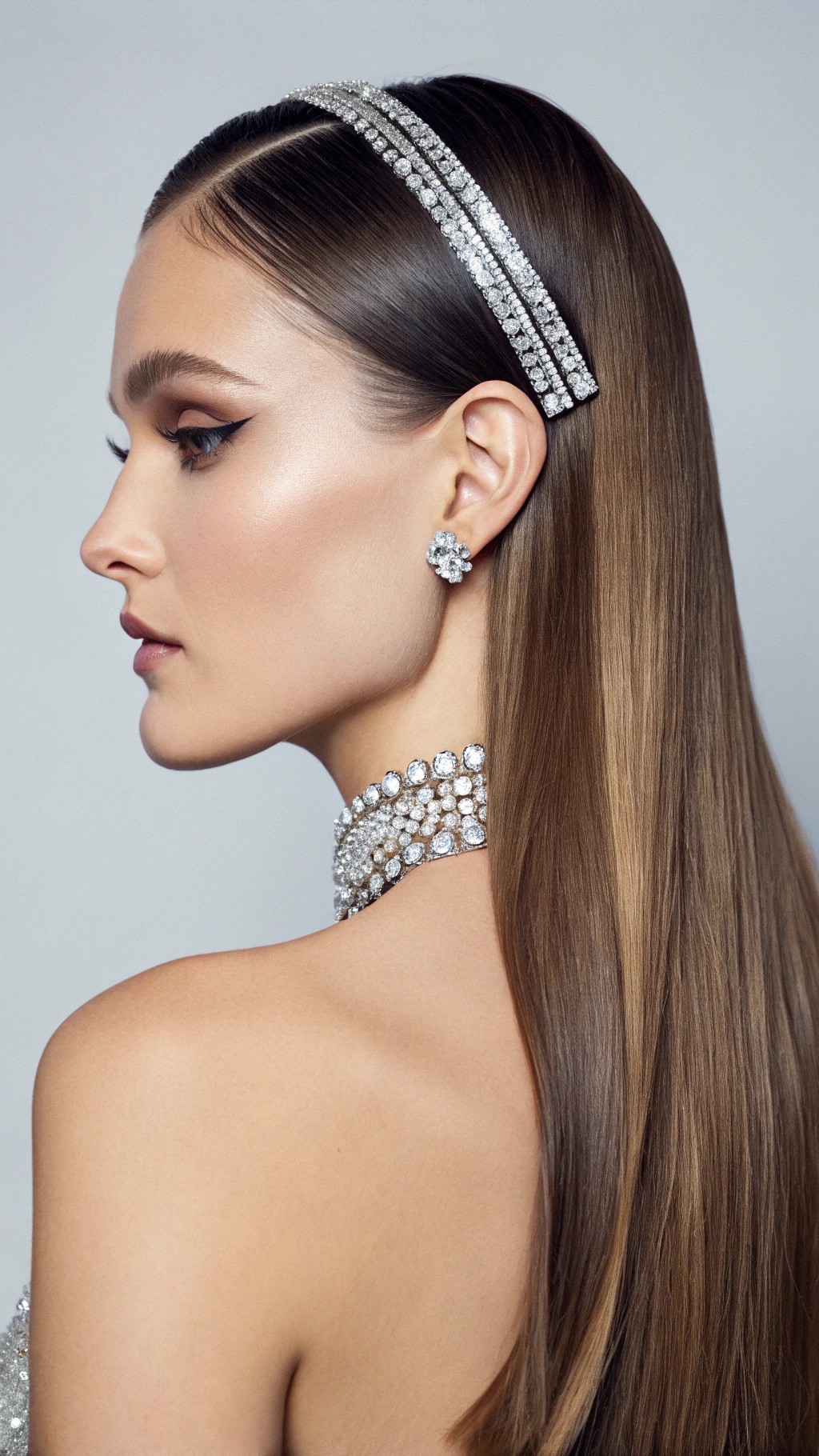 027 Sleek Mirror Shine Hair with Rhinestone Barrettes for Iconic Style
