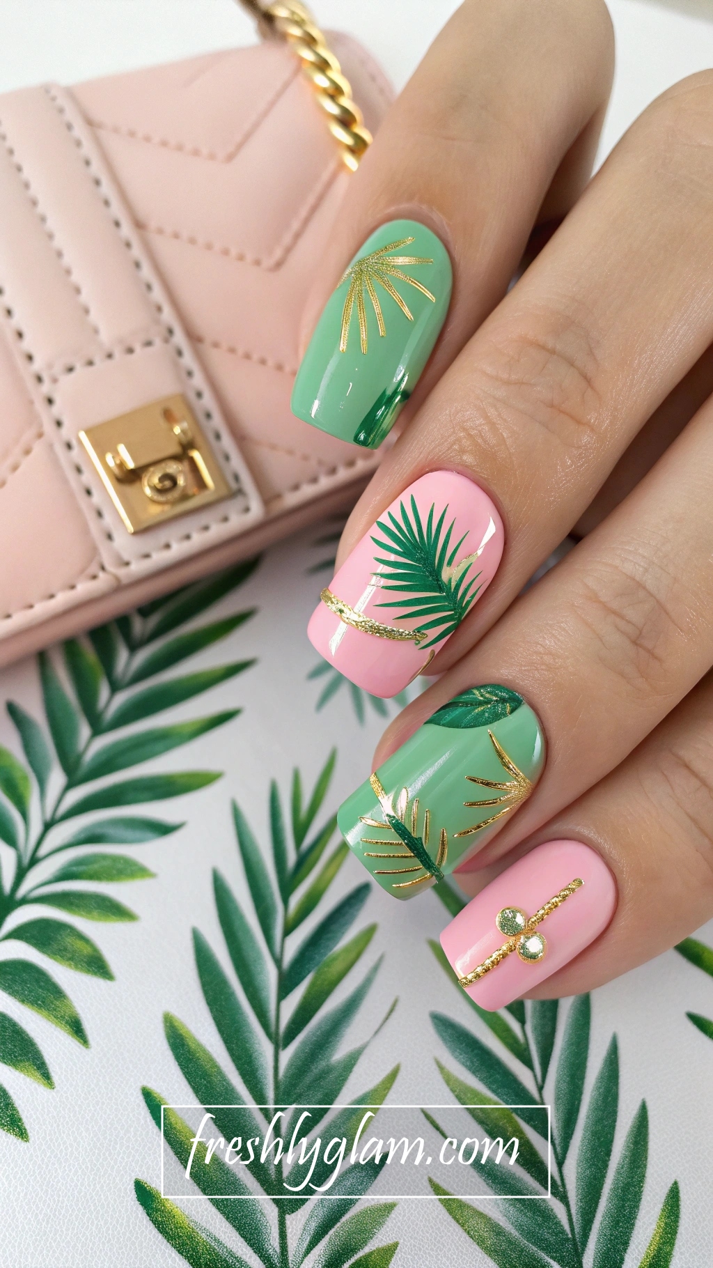 027 Tropical Green ACY Pink Gold Nails for a Chic Vacation Glam Look