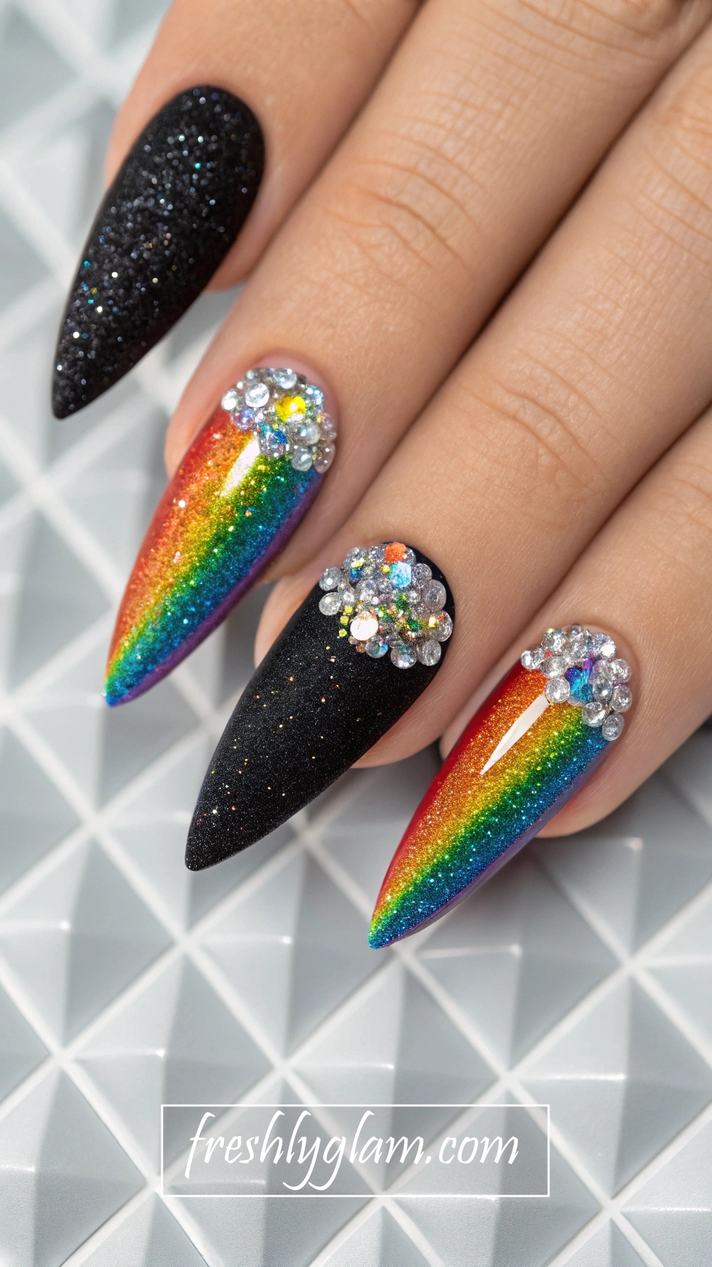 028 Black Stiletto Nails with Rainbow Glitter ACY Diamond Glam Vibes