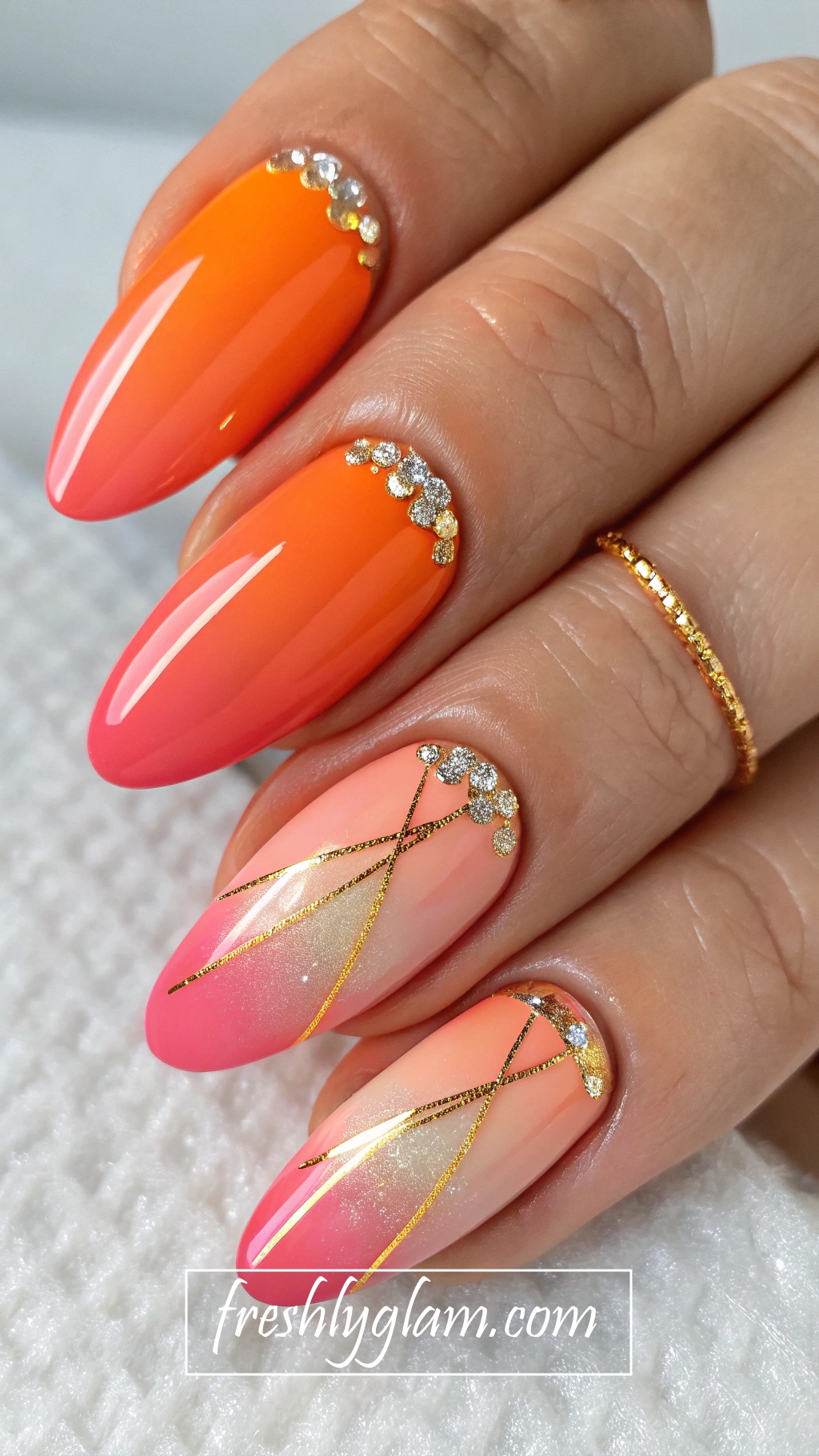 029 Orange and Pink OmbrAOk Nails with Gold Chrome for Glam Nights