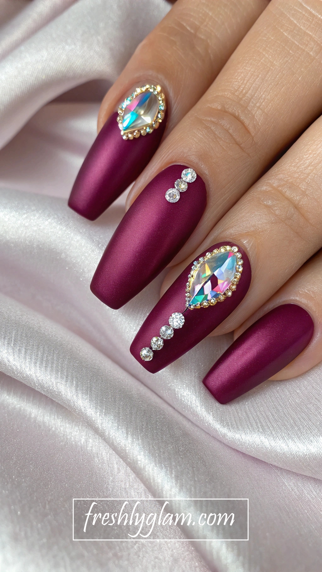 030 Deep Magenta Coffin Nails with Opal Shine and Luxe Rhinestones