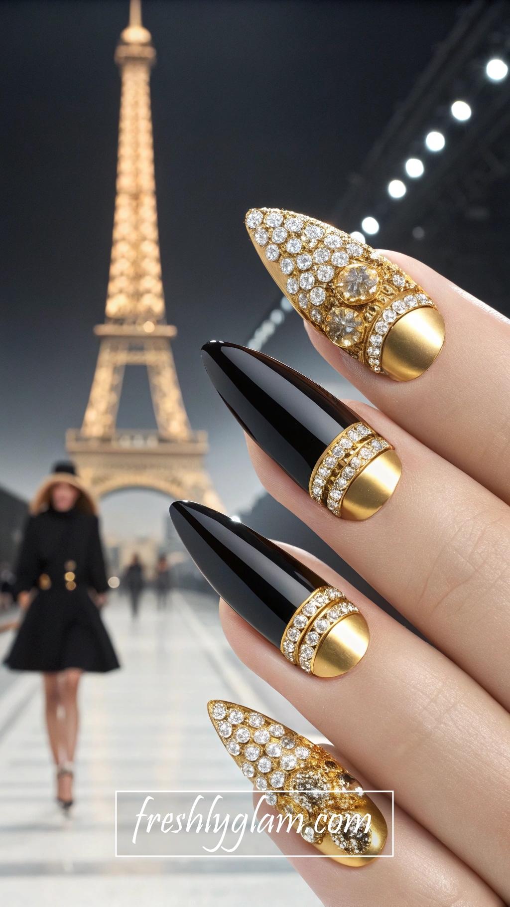 031 Gold and Black Rhinestone Runway Nails for a Glamorous Couture Look