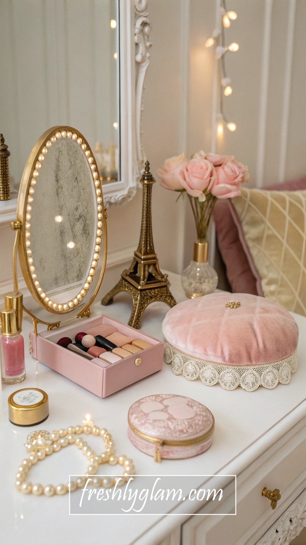 033 Elegant Pink and Gold Makeup Vanity Styled with Parisian Chic and Opulence 1