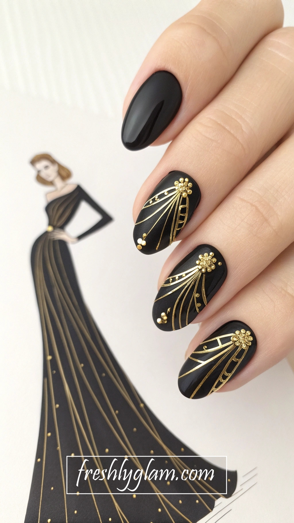 034 DesignerAC0 Inspired Gold and Black Chrome Nails with Couture Patterns