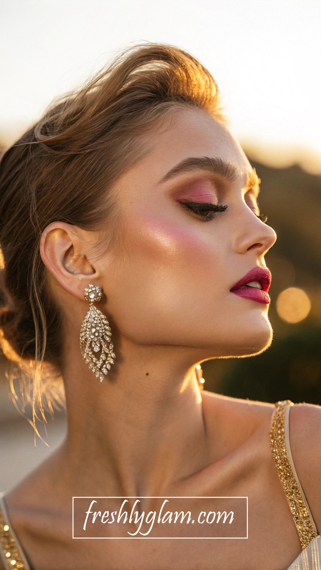 034 Glossy Pink Lips and Gold Eyeliner Makeup Look with Boujee Rhinestone Accents 1