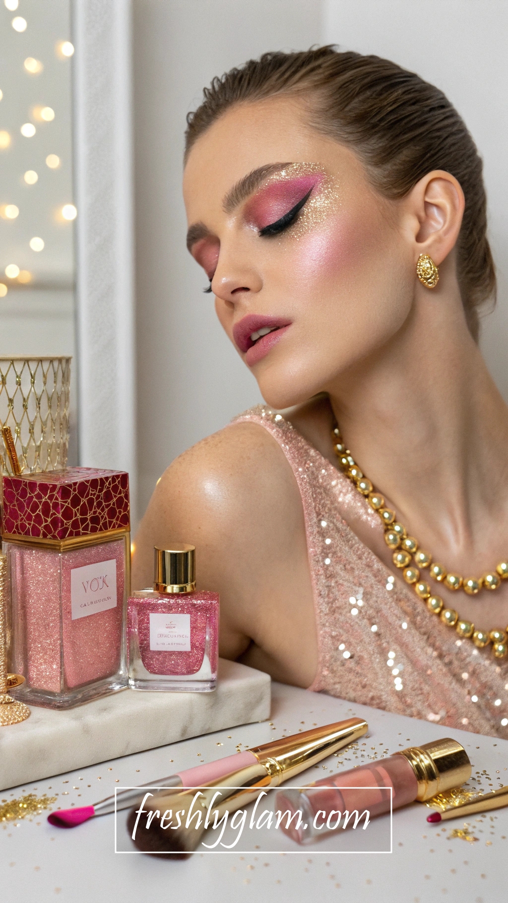 035 Couture Editorial Pink and Gold Glam Makeup Look with Designer Beauty Elements 1