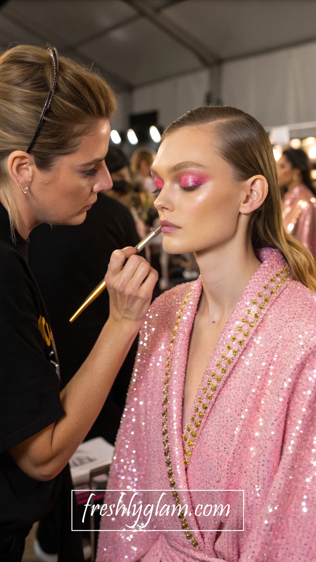 036 Behind the Scenes High Fashion Makeup Pink Glitter Shadow and Gold Glow 1