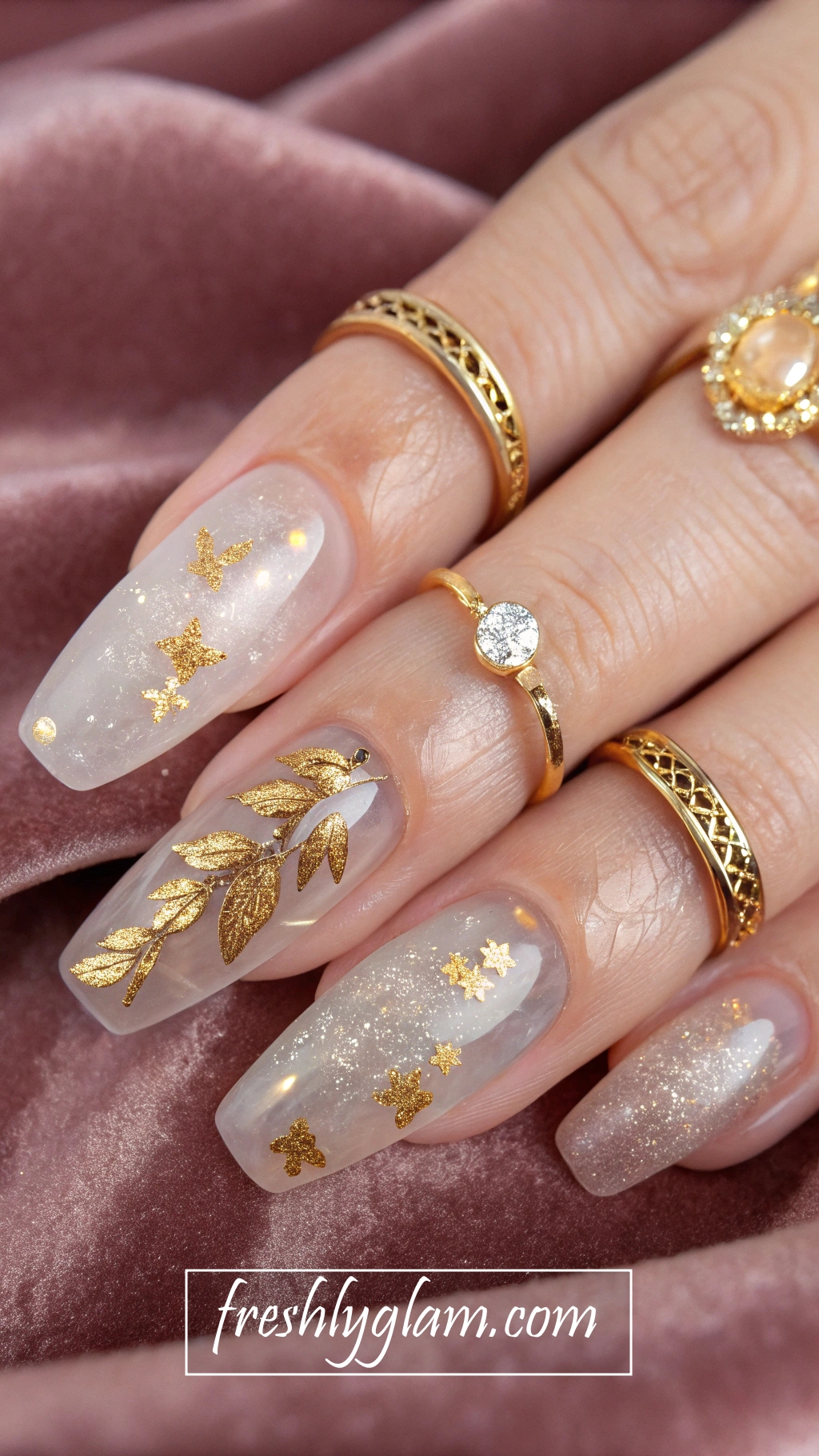 036 Glitter Jelly Nails with Gold Leaf for an Opulent HighAC0 Fashion Vibe