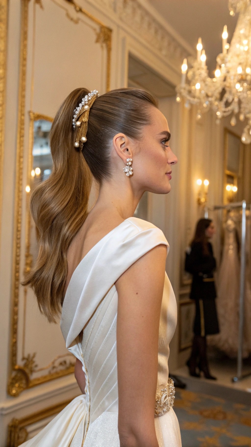 036 Pearl Embellished Half Up Hairstyle for Couture Sophistication