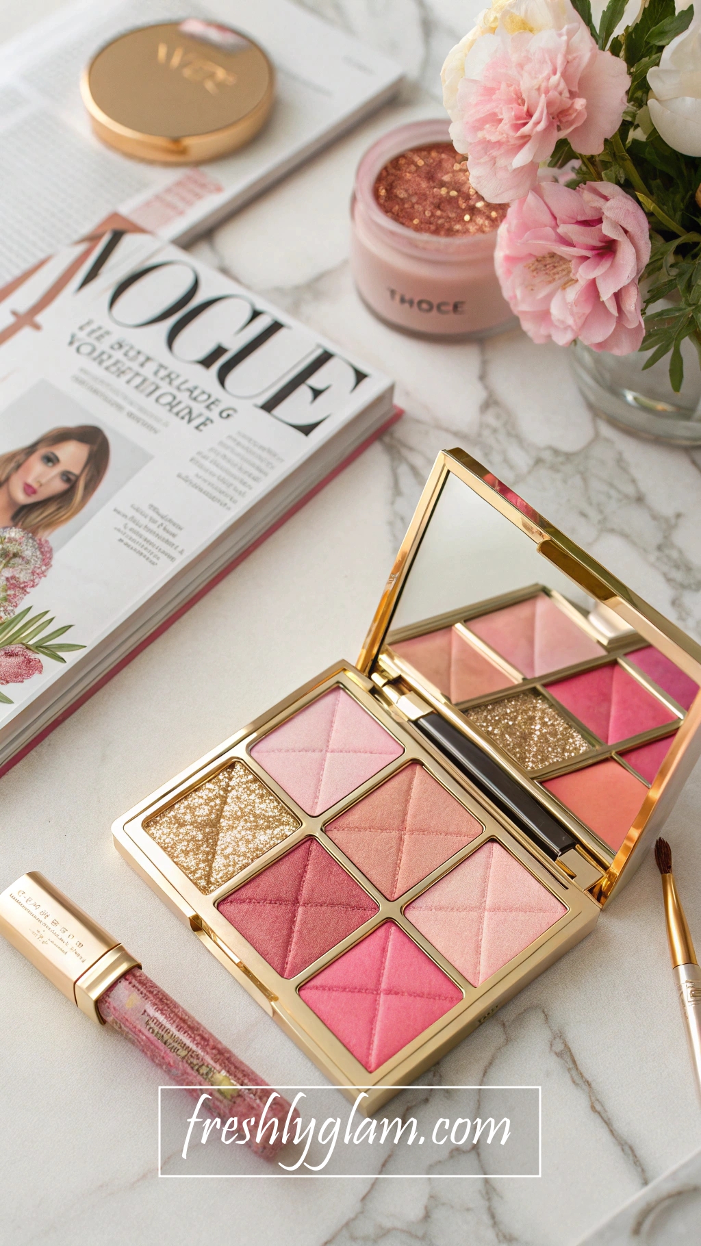 037 Pink and Gold Makeup Swatches with Designer Glam and Chic Vogue Inspired Setup 1