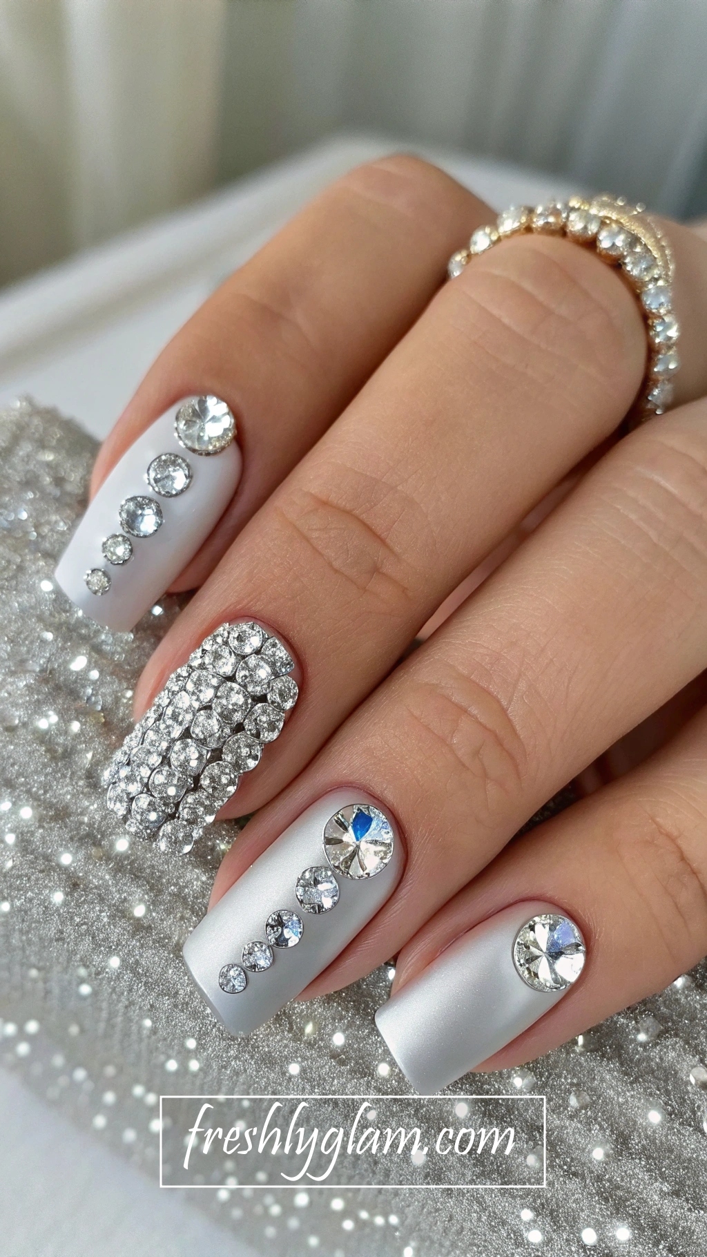 040 Silver Chrome and 3D Rhinestone Nails for FullAC0 On Fashion Glitz