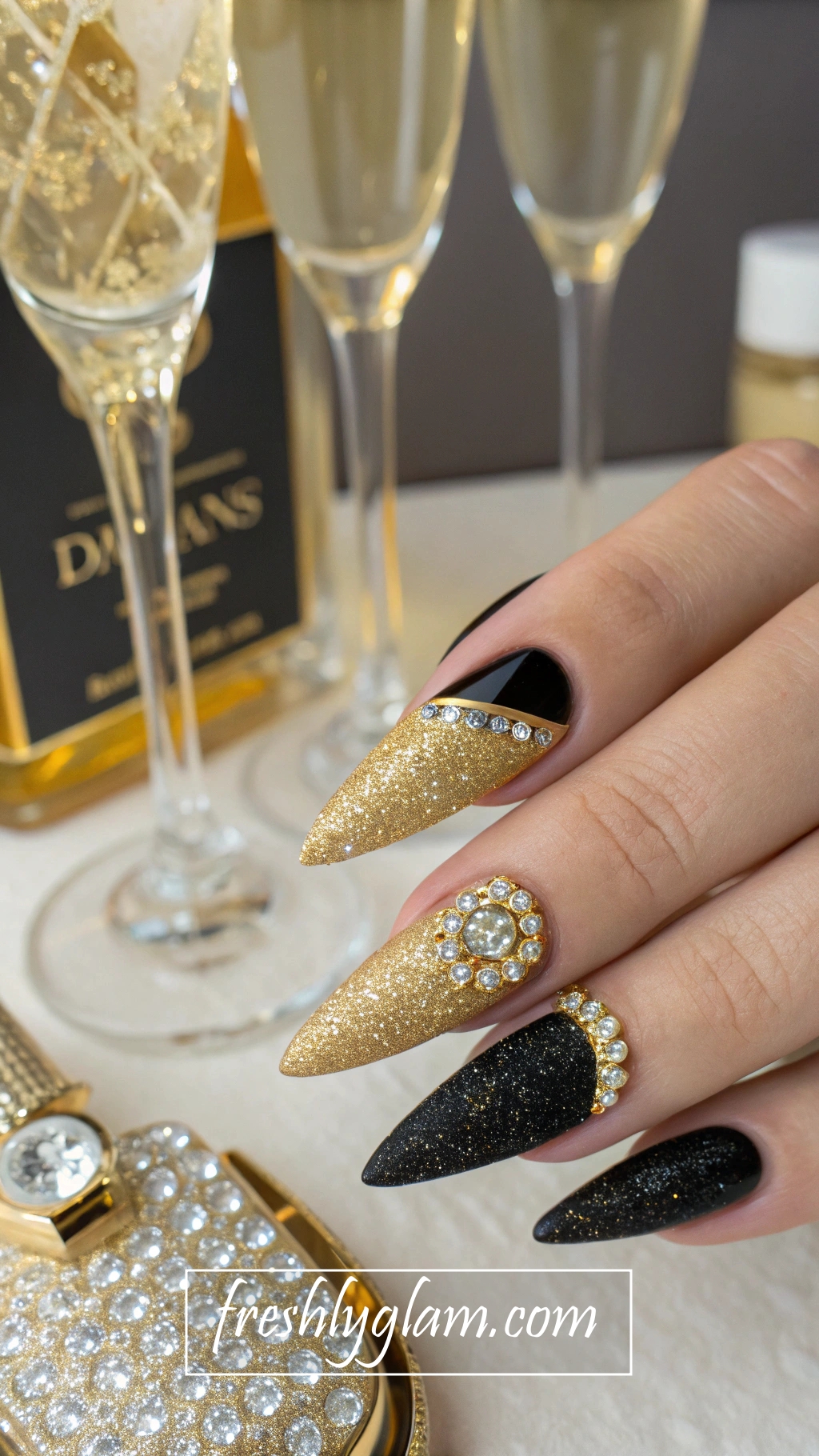 041 Gold and Black Glitter Stiletto Nails with Rhinestones for a Glamorous Paris Look