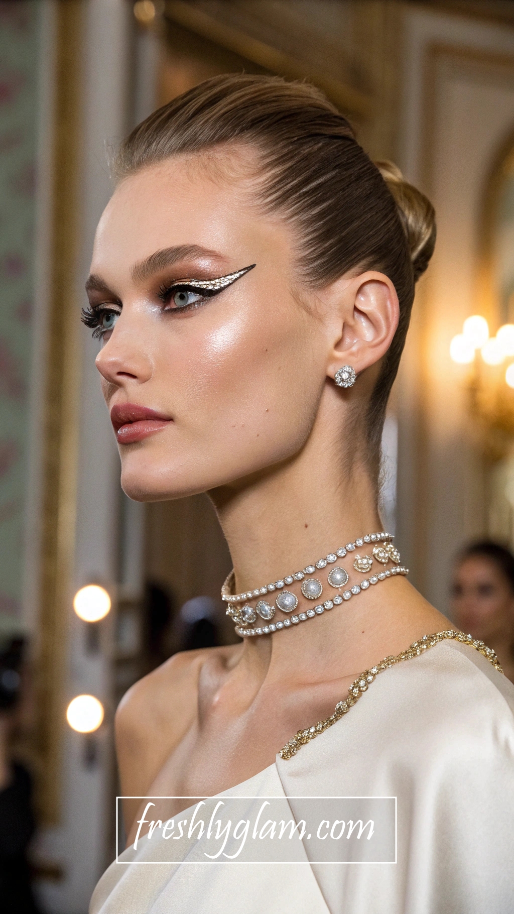 041 Rhinestone Runway Makeup Look with Champagne Glow and Glossy Lips 1