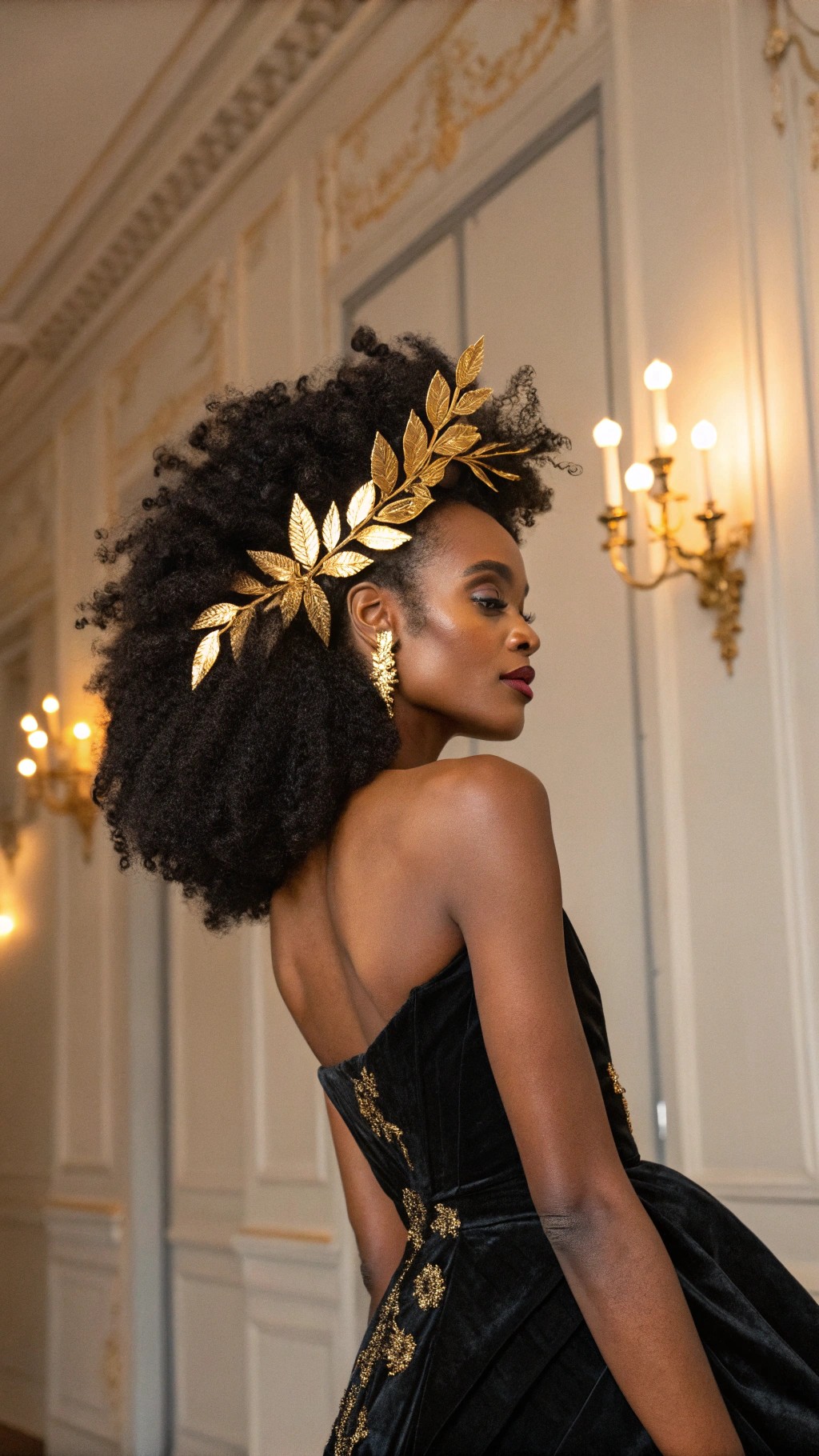 041 Voluminous Black Curls with Gold Leaf Hair Glam for a Chic High Fashion Statement