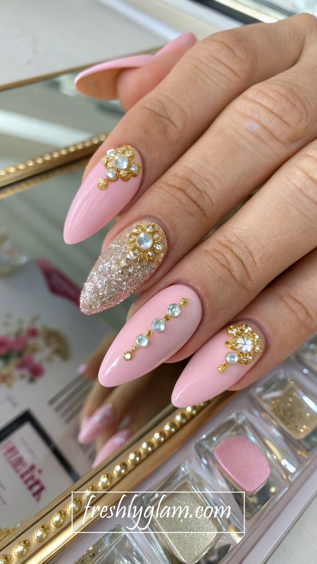 042 Pink and Gold Glitter Nails with Diamond Accents for Boujee Fashionistas