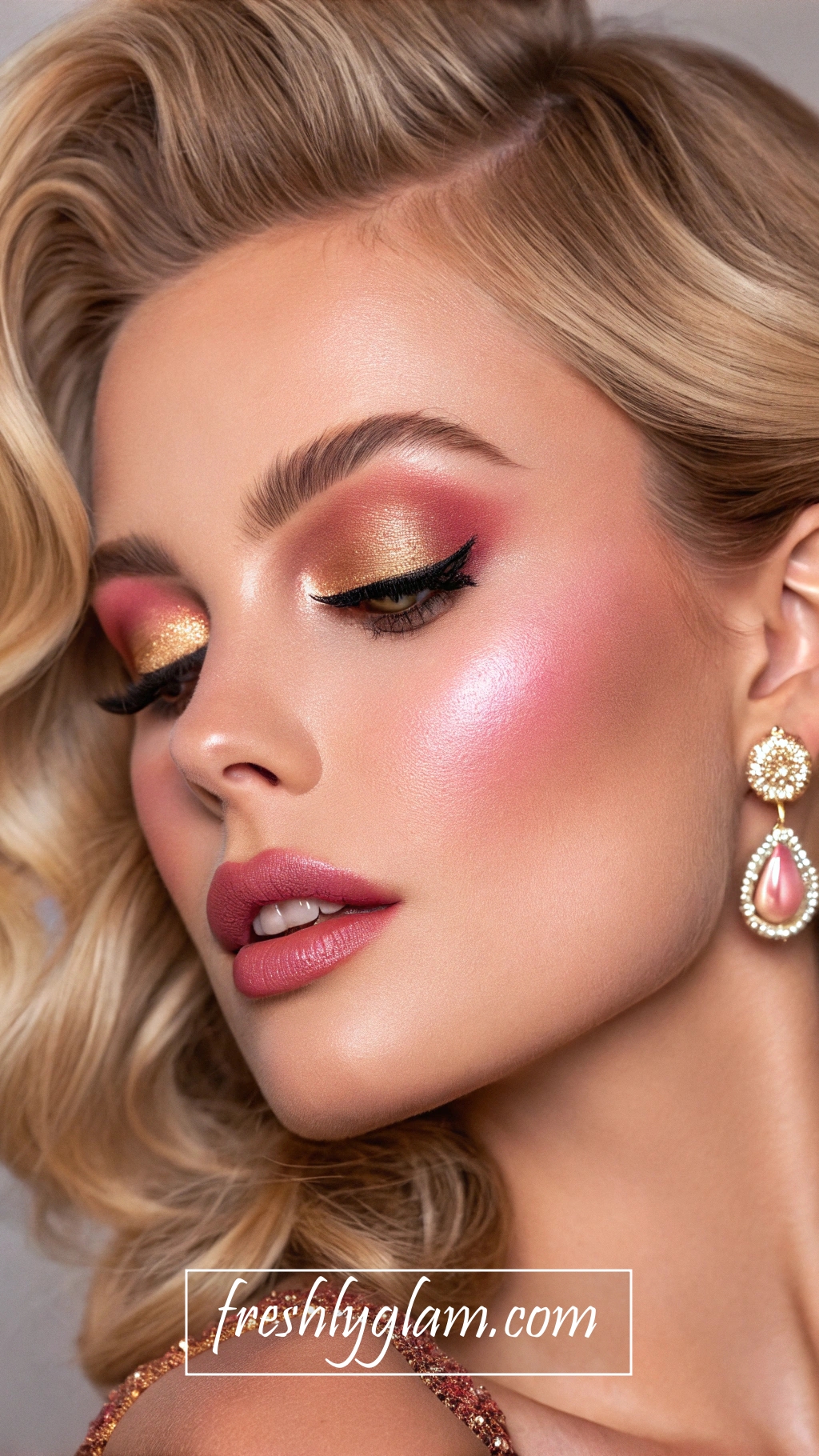 043 Pink and Gold High Fashion Makeup with Soft Sparkle and Drama Lashes 1