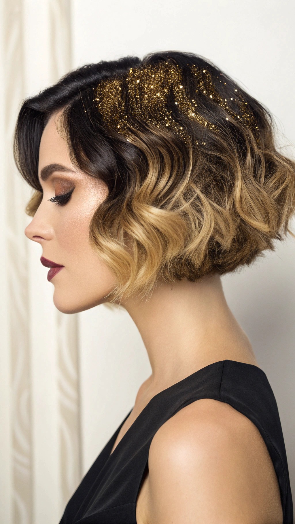 044 Glamorous Gold Glitter Roots on Black Waves for a Fancy Editorial Hair Moment