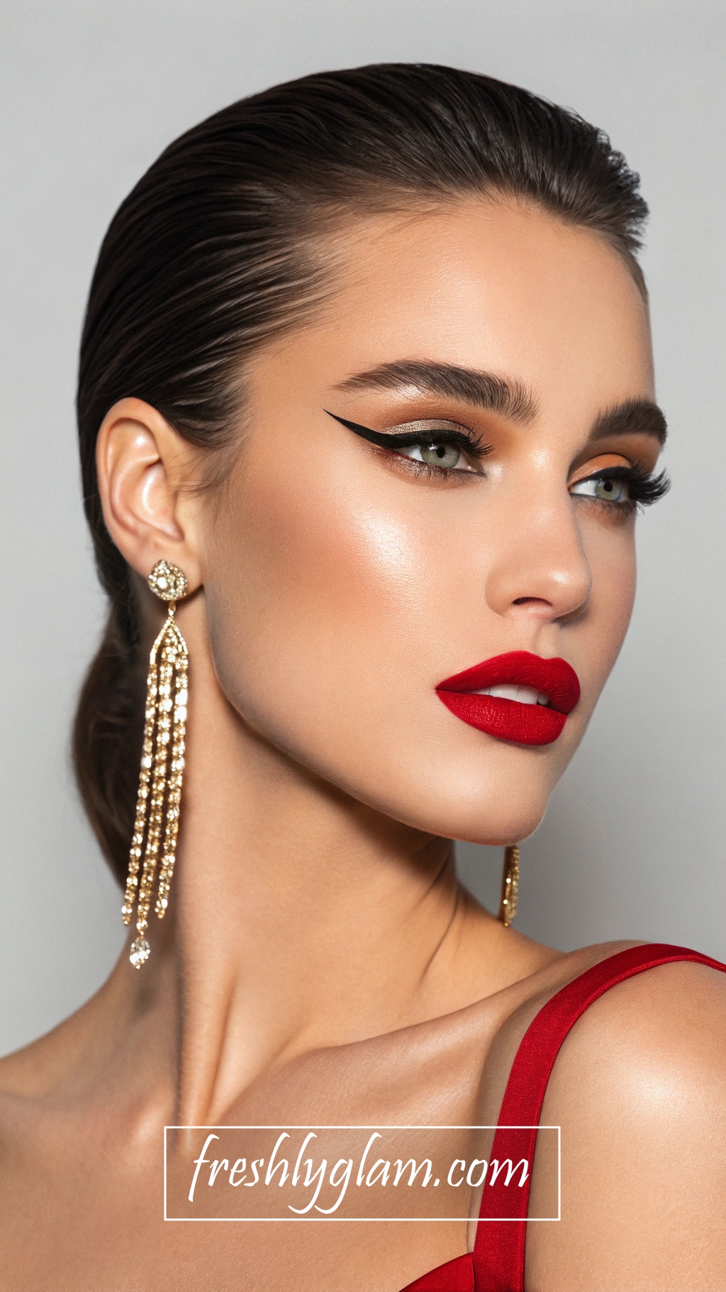 044 Red Carpet Glam Makeup Look with Bold Lips and Glittering Gold Highlight 1