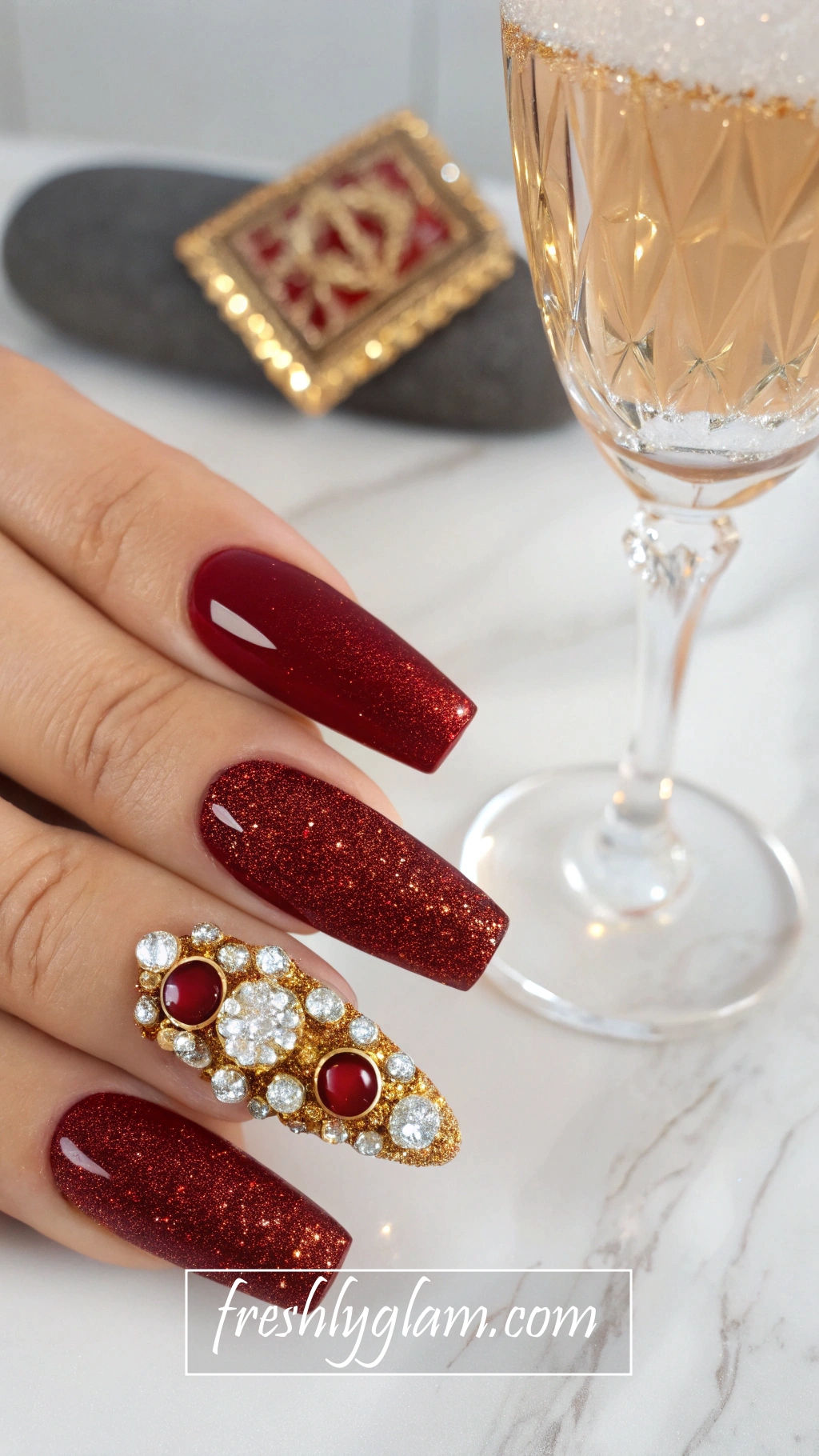 044 Red Glitter and Gold Foil Coffin Nails for Red Carpet Glam Nights